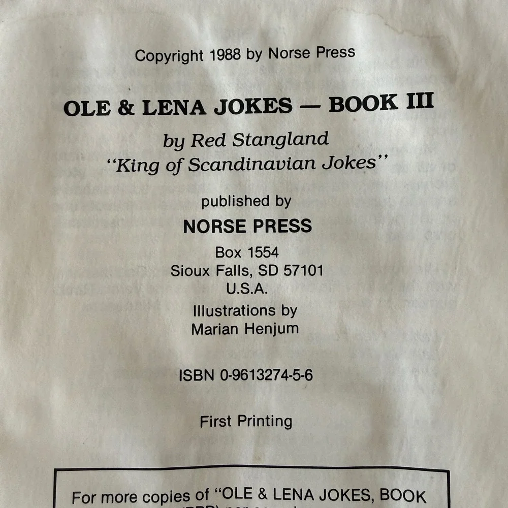 Red Stangland Ole & Lena Jokes Book III 1988 First Printing Norse Press Paperbac